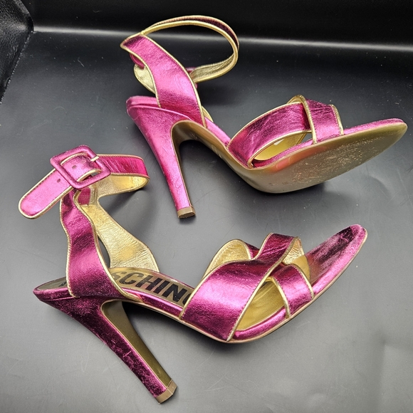 Moschino Pink & Gold Ankle Strap stiletto Sandal Heels Sz 39 8.5 - Picture 2 of 8